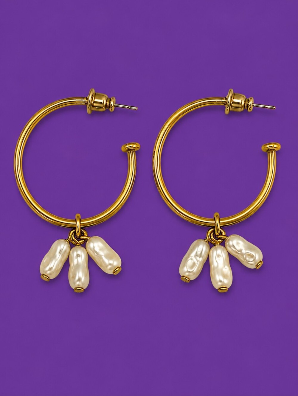 Vintage Dainty Freshwater Pearl Charms Goldtone Hoop Earrings